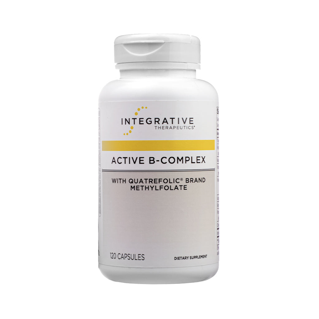 White bottle of Integrative Therapeutics Active B-Complex featuring a minimalist label with yellow and black accents. The front highlights Quatrefolic® brand methylfolate and indicates it contains 120 capsules.