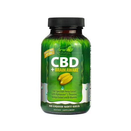 A green bottle of Irwin Naturals CBD + Brain Awake dietary supplement featuring 60 liquid soft-gels. The label highlights 30 mg of CBD per day and includes ingredients like full-spectrum hemp extract, AlphaWave® L-Theanine, Ginkgo Extract, and B-Vitamins, with an image of two golden soft-gels in the center.
