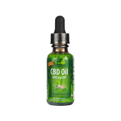 A small bottle of Irwin Naturals Extra Strength CBD Oil containing 1,000 mg of CBD in peppermint flavor. The label promotes full-spectrum hemp extract and features a dropper cap and an image of mint leaves with peppermint candy. The bottle size is 1 fl oz (29.5 mL).