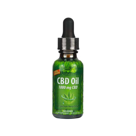 A bottle of Irwin Naturals Extra Strength CBD Oil, unflavored, with 1,000 mg of CBD. The label features full-spectrum hemp extract, a dropper cap, and a green cannabis leaf graphic. The bottle contains 1 fl oz (29.5 mL) of dietary supplement.