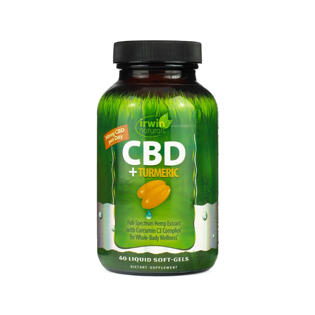 A green bottle of Irwin Naturals CBD + Turmeric dietary supplement containing 60 liquid soft-gels. The label indicates 30 mg of CBD per day and features full-spectrum hemp extract with Curcumin C3 Complex® for whole-body wellness. The front also shows an image of two golden-yellow soft-gels with a blue liquid drop.