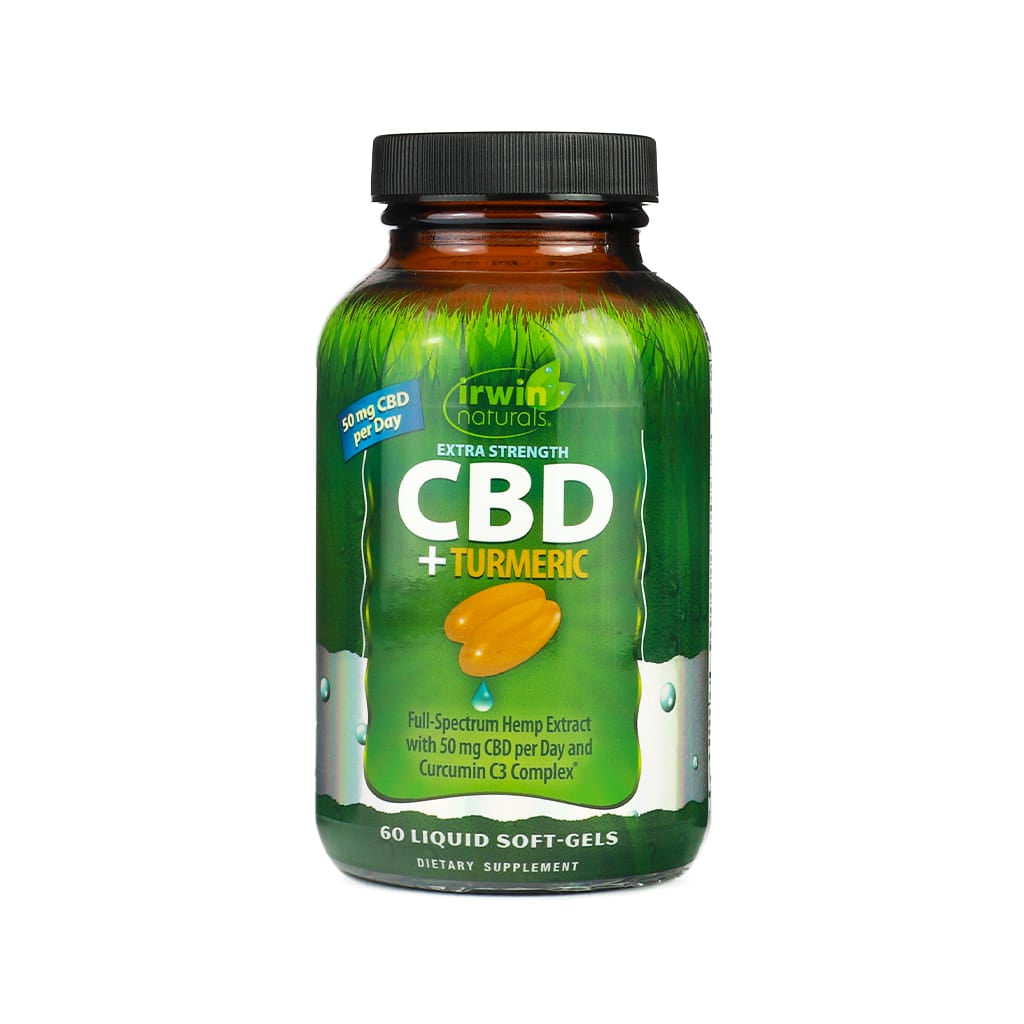A bottle of Irwin Naturals Extra Strength CBD + Turmeric soft-gels, containing 60 liquid capsules. The label highlights 50 mg of CBD per day from full-spectrum hemp extract, along with Curcumin C3 Complex® for added anti-inflammatory support. The packaging features an image of two golden-yellow soft-gels on a green background.