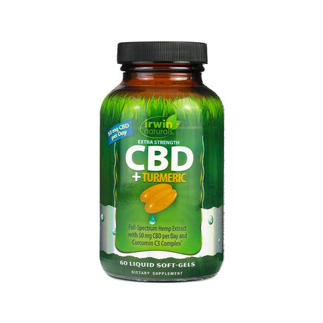 A bottle of Irwin Naturals Extra Strength CBD + Turmeric soft-gels, containing 60 liquid capsules. The label highlights 50 mg of CBD per day from full-spectrum hemp extract, along with Curcumin C3 Complex® for added anti-inflammatory support. The packaging features an image of two golden-yellow soft-gels on a green background.