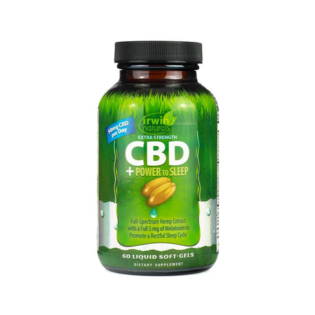 A green bottle of Irwin Naturals "Extra Strength CBD + Power to Sleep" dietary supplement, containing 60 liquid soft-gels. The label highlights 50 mg of CBD per day, combined with full-spectrum hemp extract and 5 mg of melatonin to support restful sleep.
