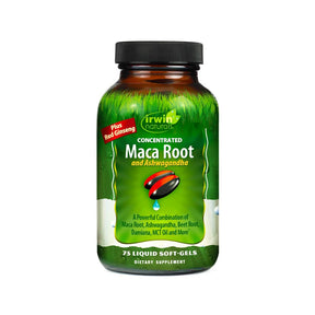 A bottle of Irwin Naturals “Concentrated Maca Root and Ashwagandha” dietary supplement, containing 75 liquid soft-gels. The label highlights added red ginseng and lists ingredients including maca root, ashwagandha, beet root, damiana, and MCT oil. The green background features grass imagery and a graphic of two black and red soft-gels with a blue drop. 