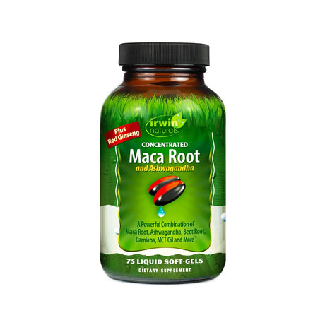 A bottle of Irwin Naturals “Concentrated Maca Root and Ashwagandha” dietary supplement, containing 75 liquid soft-gels. The label highlights added red ginseng and lists ingredients including maca root, ashwagandha, beet root, damiana, and MCT oil. The green background features grass imagery and a graphic of two black and red soft-gels with a blue drop. 