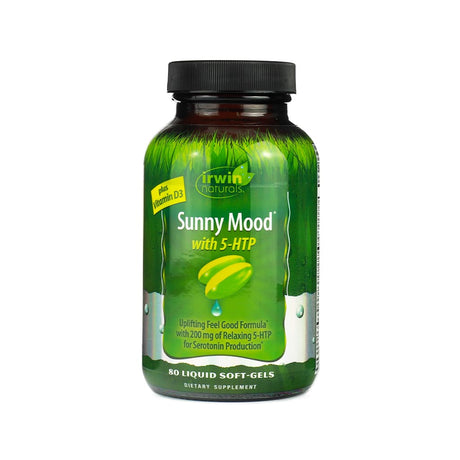 A green bottle of Irwin Naturals' "Sunny Mood with 5-HTP" dietary supplement, containing 80 liquid soft-gels. The label highlights an uplifting formula with 200 mg of 5-HTP for serotonin production and added Vitamin D3, designed to support mood and emotional balance.