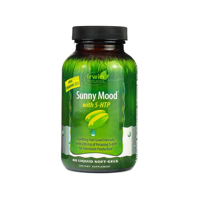 A green bottle of Irwin Naturals' "Sunny Mood with 5-HTP" dietary supplement, containing 80 liquid soft-gels. The label highlights an uplifting formula with 200 mg of 5-HTP for serotonin production and added Vitamin D3, designed to support mood and emotional balance.
