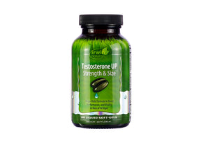 A bottle of Irwin Naturals “Testosterone UP Strength & Size” dietary supplement, containing 60 liquid soft-gels. The label features bold text and a muscle-themed design, highlighting its focus on testosterone support and physical performance enhancement. The product is branded as part of the Irwin Naturals line.