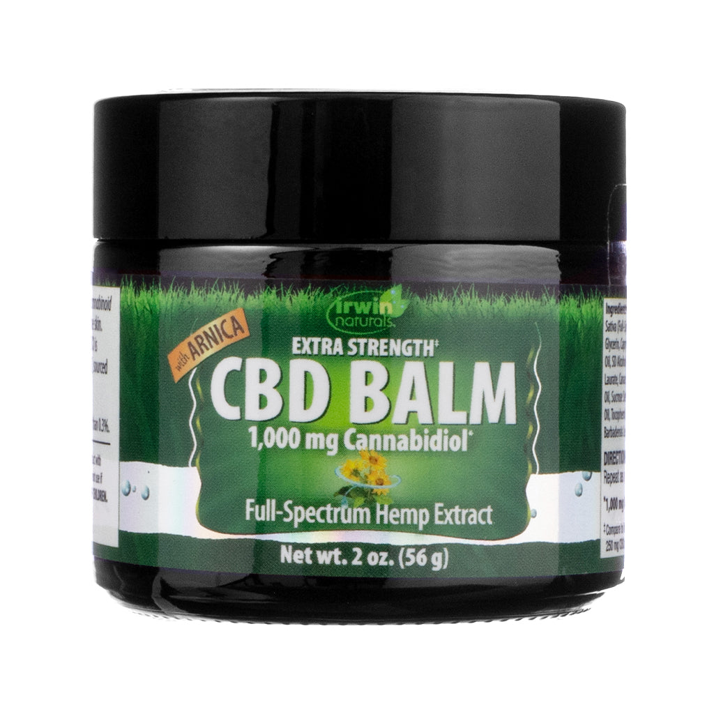 Irwin Naturals CBD Balm 1000mg Arnica, front label showing topical relief balm combining CBD and arnica for muscle and joint support.