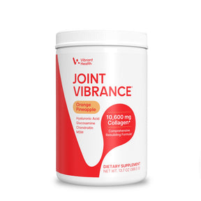 Vibrant Health Joint Vibrance Orange Pineapple collagen powder, 21 servings, white tub with red label, 13.7 oz