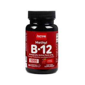 Jarrow Formulas Methyl B-12 5000 mcg bottle, red label with black cap, 60 chewable tablets, cherry flavor