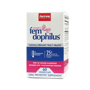 Jarrow Formulas Fem-Dophilus 1 Billion 60 veggie capsules box, white carton with blue and pink label