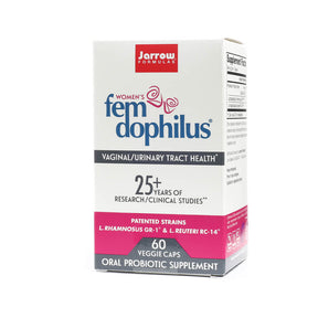 Jarrow Formulas Fem-Dophilus 5 Billion 60 veggie caps box, white and pink oral probiotic supplement package