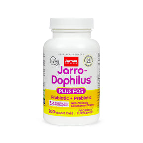 Jarrow Formulas Jarro-Dophilus Plus FOS 200 veggie caps white bottle with pink and yellow label probiotic supplement
