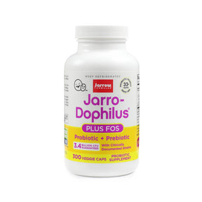 Jarrow Formulas Jarro-Dophilus + FOS 300 veggie caps probiotic supplement, white bottle with pink and yellow label