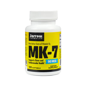 Jarrow Formulas MK-7 90 mcg 120 softgels white bottle with yellow and black label dietary supplement