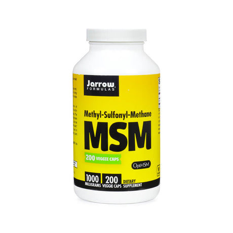 A bottle of Jarrow Formulas MSM (Methyl-Sulfonyl-Methane) dietary supplement with a bold yellow label. The front highlights that it contains 200 veggie capsules with 1000 milligrams per serving, and features the OptiMSM logo. The product supports joint health and is labeled as vegan.