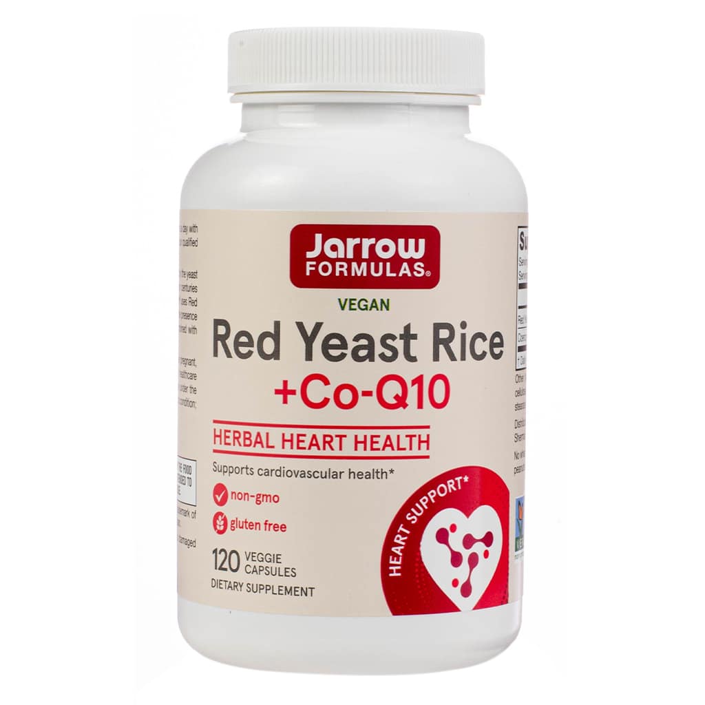 White bottle of Jarrow Formulas Red Yeast Rice + Co-Q10 dietary supplement, labeled as vegan, non-GMO, and gluten-free. The front label highlights “Herbal Heart Health” and states it supports cardiovascular health, with a red heart graphic marked “Heart Support.” The bottle contains 120 veggie capsules, or a 2-month supply.