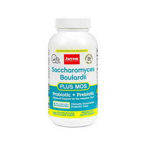 Jarrow Formulas Saccharomyces Boulardii Plus MOS 90 veggie caps white bottle with blue, yellow and red label