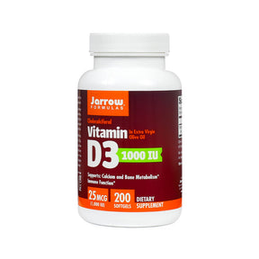 Jarrow Formulas Vitamin D3 1000 IU, 200 softgels, white bottle with red and orange label