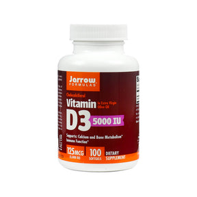 Jarrow Formulas Vitamin D3 5000 IU 100 softgels white bottle with orange and red label