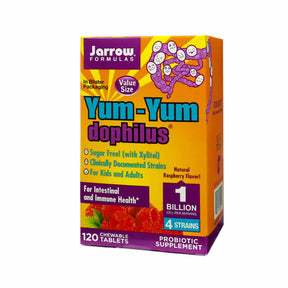 Jarrow Formulas Yum-Yum Dophilus chewable tablets, orange and purple 120 count box, natural raspberry flavor