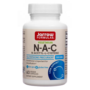 Jarrow Formulas NAC 500mg capsules white bottle with white label, blue accents, and 60 veggie capsules count