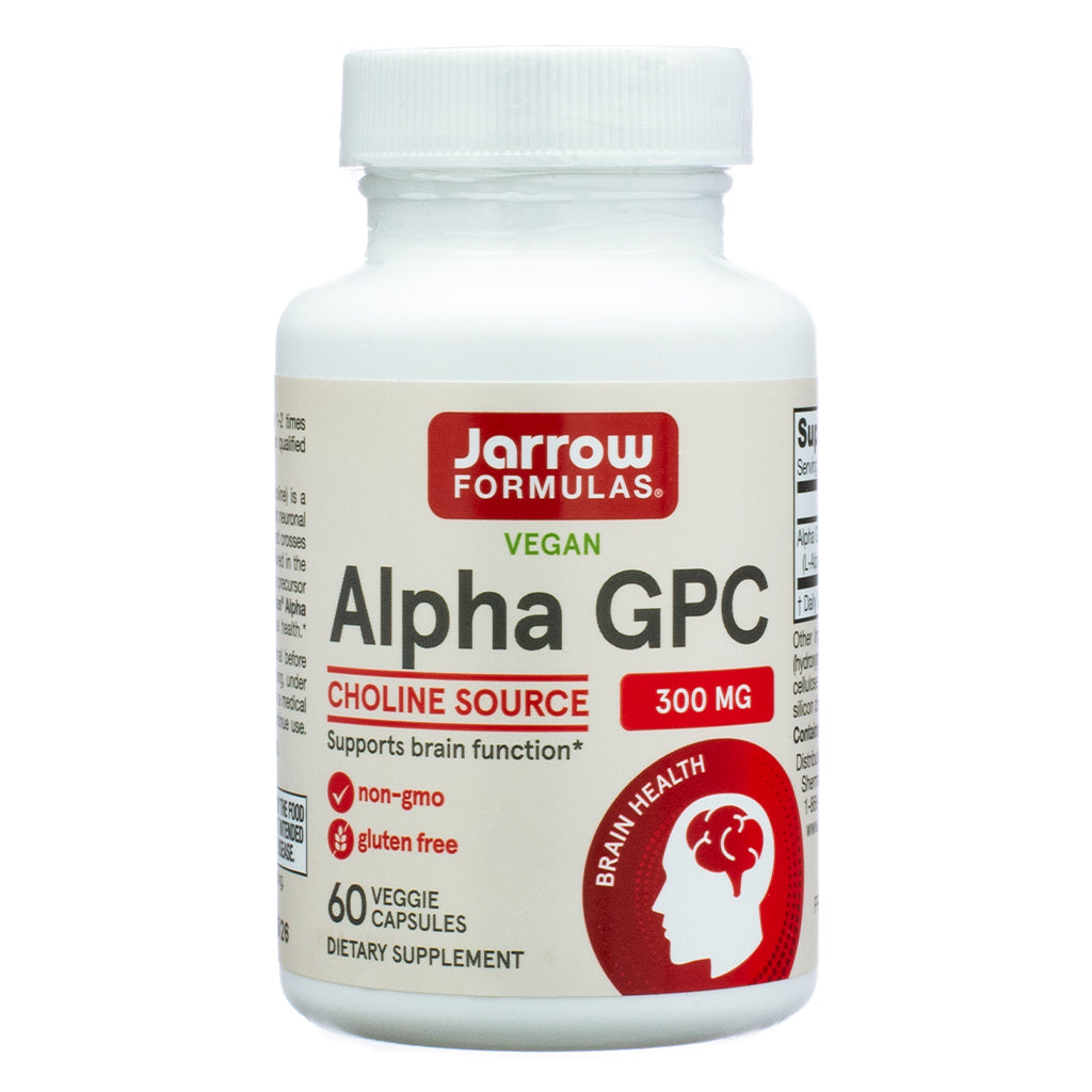 Jarrow Formulas Alpha GPC, 60 Capsules, front label view. The label features the Jarrow Formulas logo, indicating that the product is vegan. It highlights Alpha GPC as a choline source that supports brain function, with 300 mg per capsule. The label also includes "non-GMO" and "gluten-free" claims, and a red circular icon with a brain illustration labeled "Brain Health." The product is categorized as a dietary supplement with 60 veggie capsules.