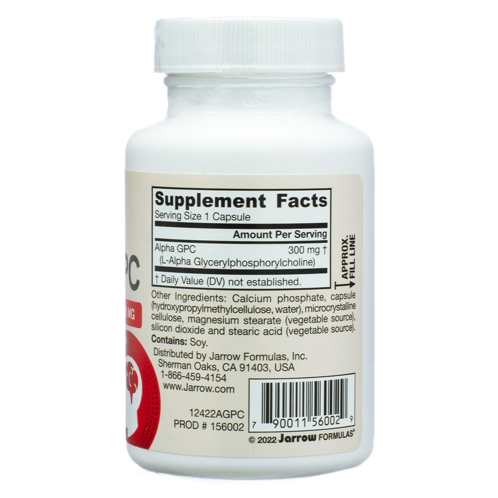 Jarrow Formulas Alpha GPC, 60 Capsules, back label view. The Supplement Facts panel lists Alpha GPC (L-Alpha Glycerylphosphorylcholine) 300 mg per capsule, with a note that the daily value is not established. Additional ingredients include calcium phosphate, capsule shell (hydroxypropylmethylcellulose), microcrystalline cellulose, magnesium stearate (vegetable source), silicon dioxide, and stearic acid (vegetable source). The label also states that the product contains soy and is distributed by Jarrow Formu