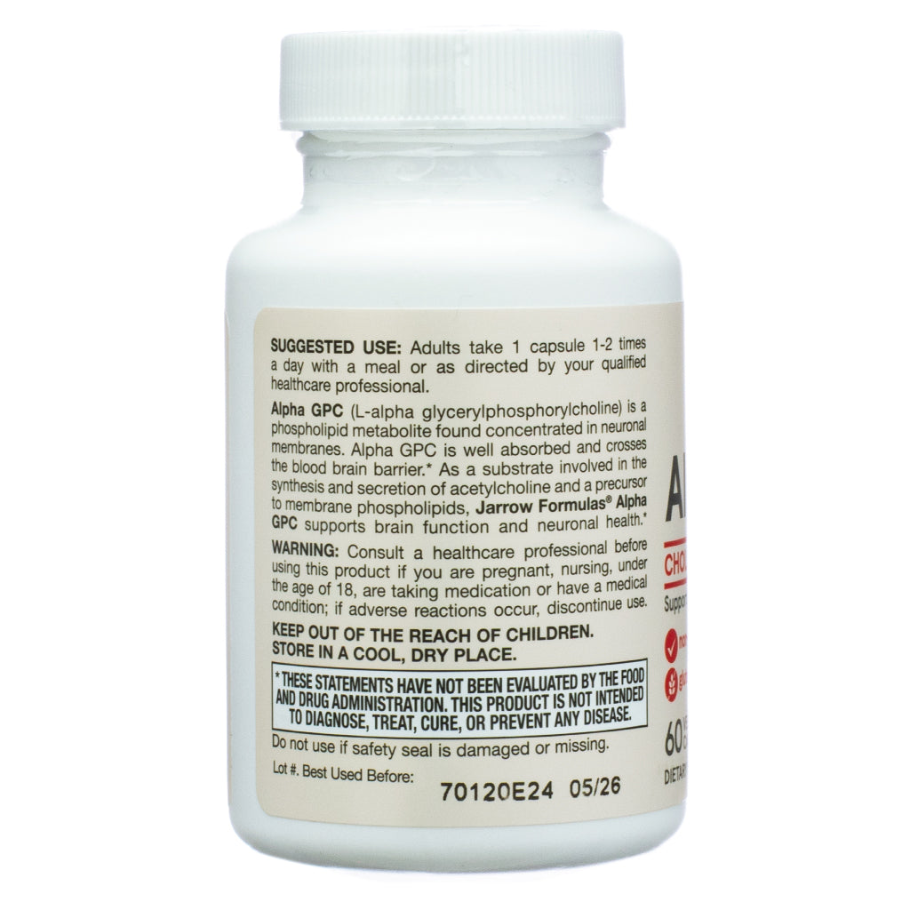 Jarrow Formulas Alpha GPC, 60 Capsules, back label view. The label provides suggested use instructions, advising adults to take one capsule 1-2 times per day with a meal or as directed by a healthcare professional. It describes Alpha GPC as a phospholipid metabolite that crosses the blood-brain barrier and supports brain function and neuronal health. A warning section advises consulting a doctor before use, particularly for pregnant individuals, those under 18, or those taking medication. The label also inc