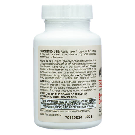 Jarrow Formulas Alpha GPC, 60 Capsules, back label view. The label provides suggested use instructions, advising adults to take one capsule 1-2 times per day with a meal or as directed by a healthcare professional. It describes Alpha GPC as a phospholipid metabolite that crosses the blood-brain barrier and supports brain function and neuronal health. A warning section advises consulting a doctor before use, particularly for pregnant individuals, those under 18, or those taking medication. The label also inc