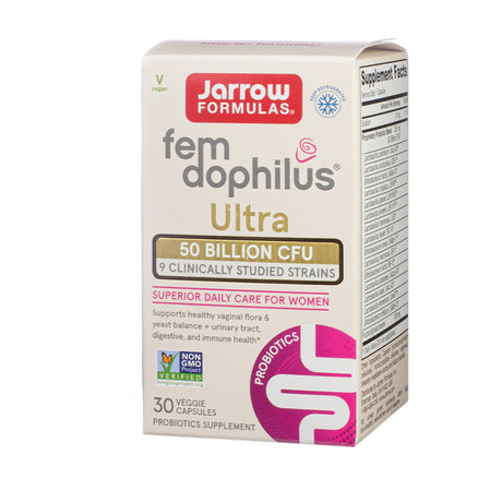 Jarrow Formulas Fem Dophilus Ultra 50 Billion CFU 30 vegan capsules box, beige and magenta with supplement facts label
