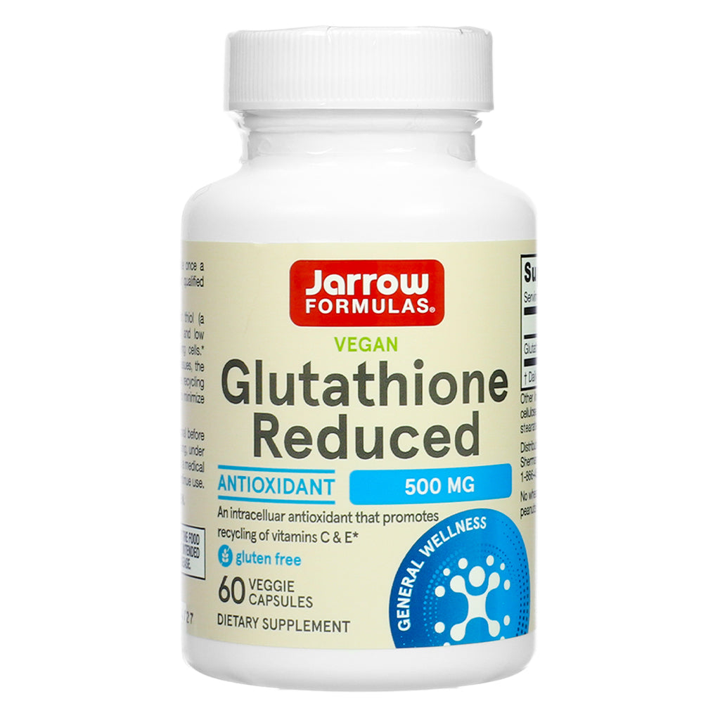 Front view of Jarrow Formulas Glutathione Reduced 500mg 60 Veggie Capsules, showing antioxidant benefits, vegan and gluten-free claims, and general wellness support.