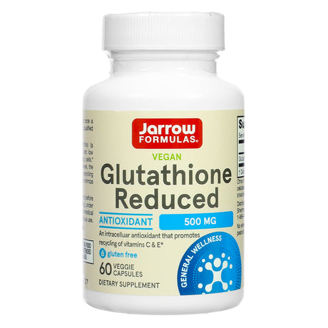 Front view of Jarrow Formulas Glutathione Reduced 500mg 60 Veggie Capsules, showing antioxidant benefits, vegan and gluten-free claims, and general wellness support.