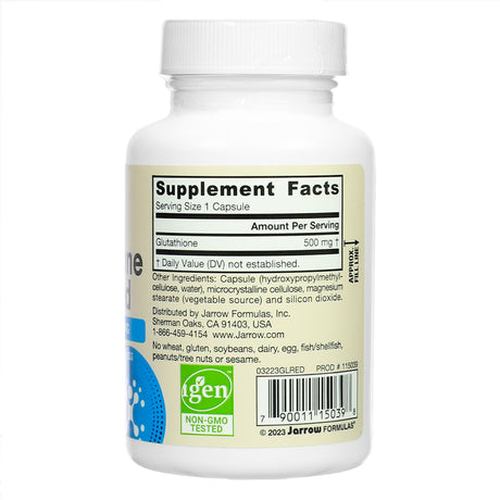 Supplement Facts panel of Jarrow Formulas Glutathione Reduced 500mg 60 Veggie Capsules, listing active and inactive ingredients including 500mg glutathione per capsule.