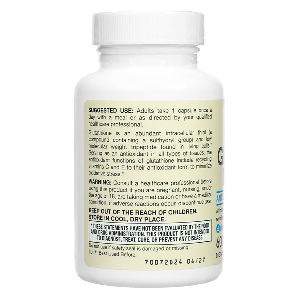 Suggested use and product description panel of Jarrow Formulas Glutathione Reduced 500mg 60 Veggie Capsules, including dosage instructions, antioxidant role, and warnings.

