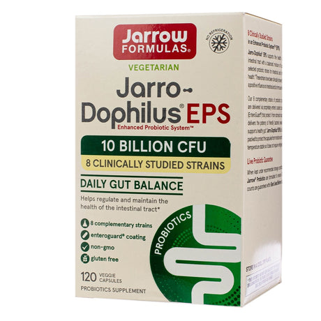 A box of Jarrow Formulas Jarro-Dophilus EPS probiotic supplement for daily gut balance, containing 120 veggie capsules. The white and green packaging highlights '10 billion CFU,' '8 clinically studied strains,' and key benefits like non-GMO, gluten-free, and Enteroguard coating for intestinal health.