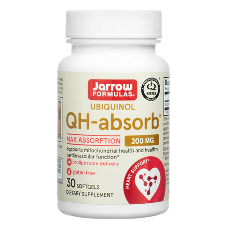 Front label of Jarrow Formulas QH-absorb 200 mg 30 Softgels showing product name, dosage, heart support badge, gluten-free claim, and softgel count.