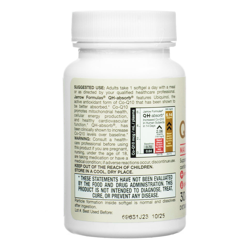 Side view of Jarrow Formulas QH-absorb 200 mg 30 Softgels with detailed ingredient list, barcode, allergy note, and Kaneka Ubiquinol trademark info.