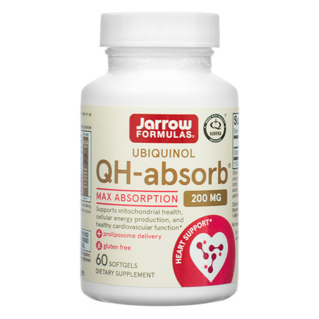 Front view of Jarrow Formulas Ubiquinol QH-absorb 200 mg 60 Softgels, showing the product name, max absorption claim, and heart support icon with gluten-free and proliposome delivery callouts.