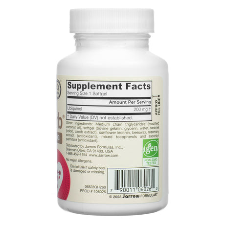 Side view of Jarrow Formulas Ubiquinol QH-absorb 200 mg 60 Softgels displaying the Supplement Facts panel with ubiquinol content and full list of other ingredients and allergens.