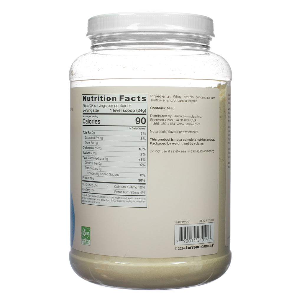 Back label of Jarrow Formulas Whey Protein Unflavored 32 oz showing nutrition facts per 24g scoop including 90 calories, 18g protein, and 95mg calcium. The label lists ingredients and mentions no artificial flavors or sweeteners, and includes a barcode.