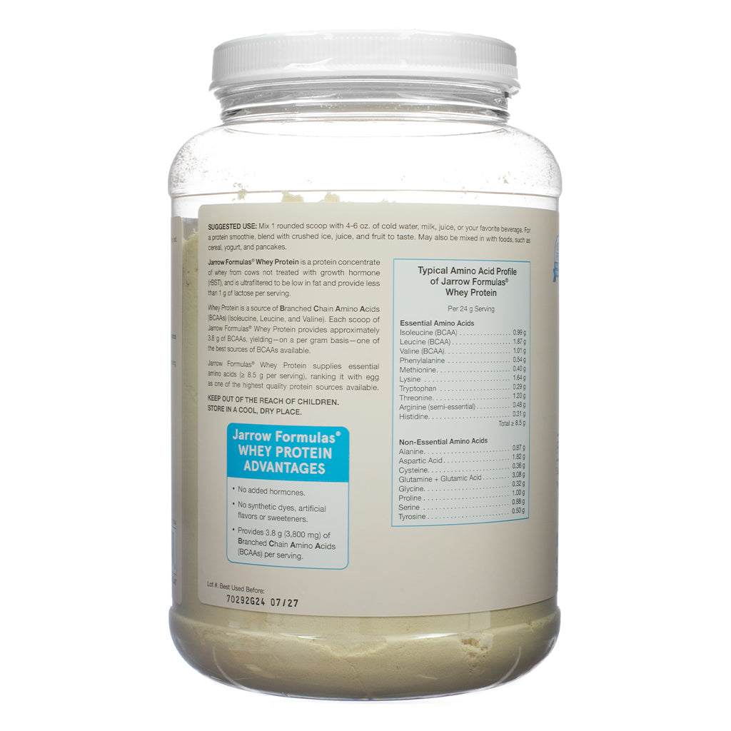 Side panel of Jarrow Formulas Whey Protein Unflavored 32 oz displaying directions to mix one scoop with liquid and listing essential and non-essential amino acids per serving. Highlights include 3.8g BCAAs and a comparison to egg and milk protein quality.