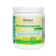 A white canister of Jigsaw Health's Electrolyte Supreme in Lemon-Lime flavor, with a fresh yellow-green label and slices of lemon and lime at the bottom. The label highlights 60 servings, a net weight of 12.5 oz (354g), and the supplement's benefits for energy and muscle health.