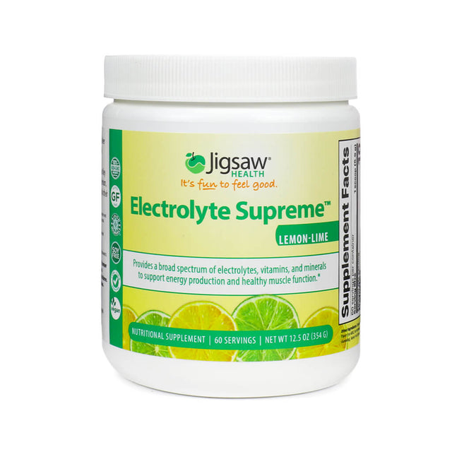 A white canister of Jigsaw Health's Electrolyte Supreme in Lemon-Lime flavor, with a fresh yellow-green label and slices of lemon and lime at the bottom. The label highlights 60 servings, a net weight of 12.5 oz (354g), and the supplement's benefits for energy and muscle health.