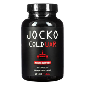 Jocko Cold War 90 capsules bottle, black container with black label and red immune support graphic