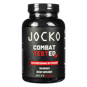 Jocko Combat Tested 2.0 120 capsules bottle, black container with black label and red testosterone optimizer text