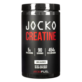 Jocko Creatine Powder unflavored black container, 454g powder with 90 servings and 5g per serving label