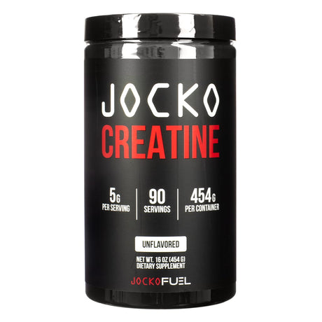 A black container of Jocko Creatine Powder, unflavored, with 454g of product offering 90 servings, each providing 5g of creatine. The label highlights its dietary supplement purpose, designed for strength and performance.